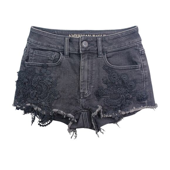 American Eagle AEO Hi-Rise Shortie Denim Shorts Size 00 Black Cutoffs Stretch - Picture 1 of 13